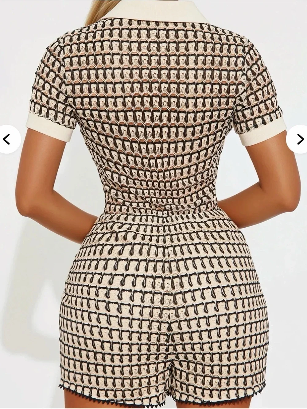 Chic Crochet Knit Collared Button-Up Romper | Black & Cream | Women’s One-Piece